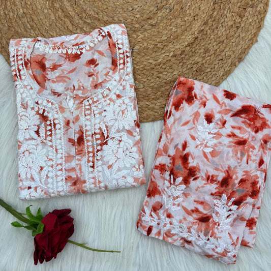 Aaliyah Mulmul Cotton Chikankari Kurti Set -Orange Colour