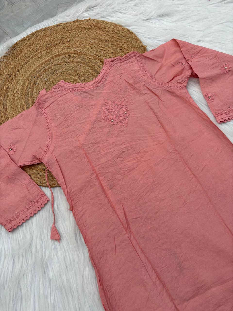 Naaz Chanderi Angrakha style Chikankari Kurti with Mukaish work - Dusty Peach Colour