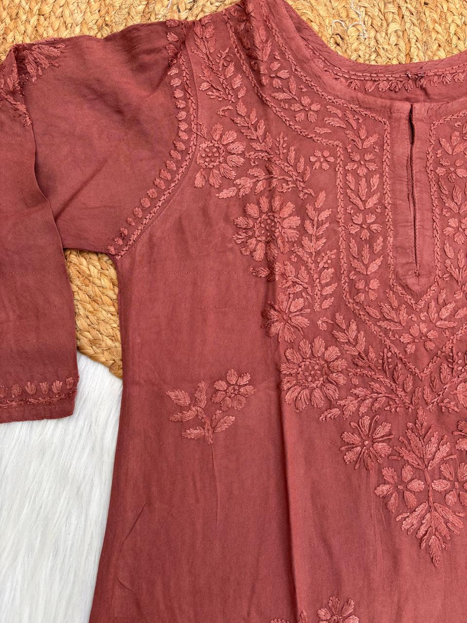 Kiara Dyeable Soft Rayon Handwork Chikankari Kurti - Brown Colour