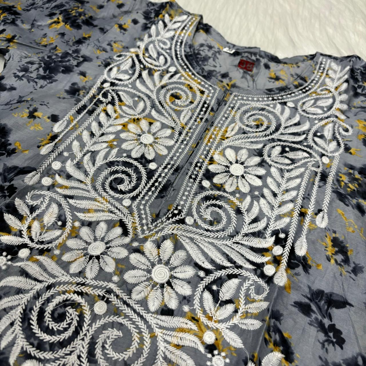 Mulmul Cotton Chikankari Machine Work Kurti - Grey Colour