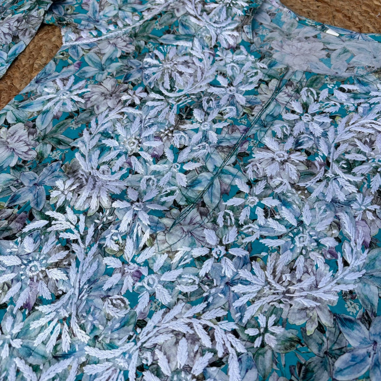 Fiza Pure Cotton Floral Lucknowi Chikankari Kurti -Blue Colour