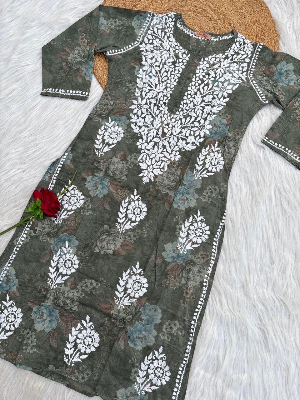 Zaina Pure Mulmul Chikankari Handwork Kurti - Dark Green Colour