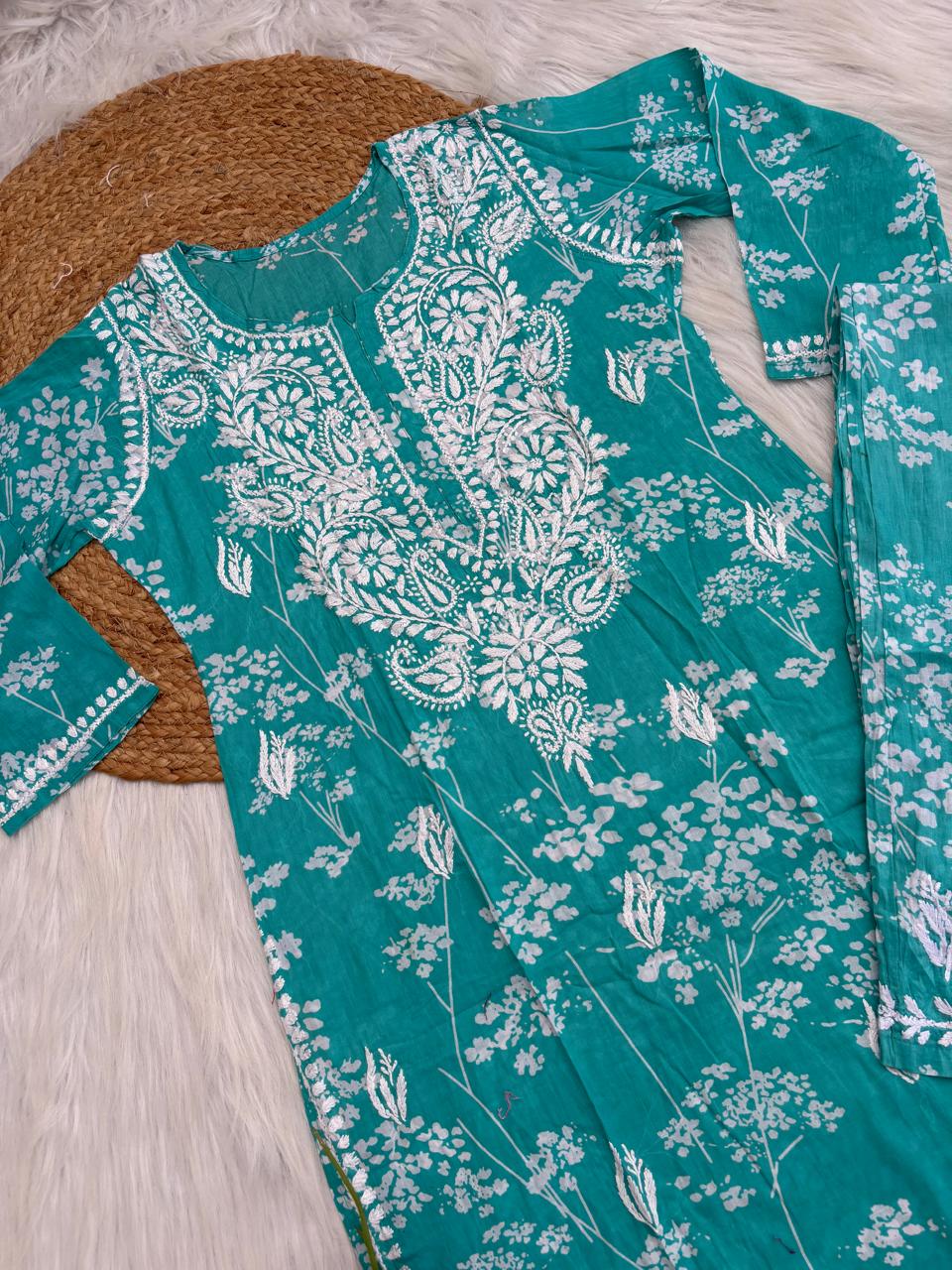 Jiya Mulmul Cotton Handwork Chikankari Kurti Set - Sea Green Colour
