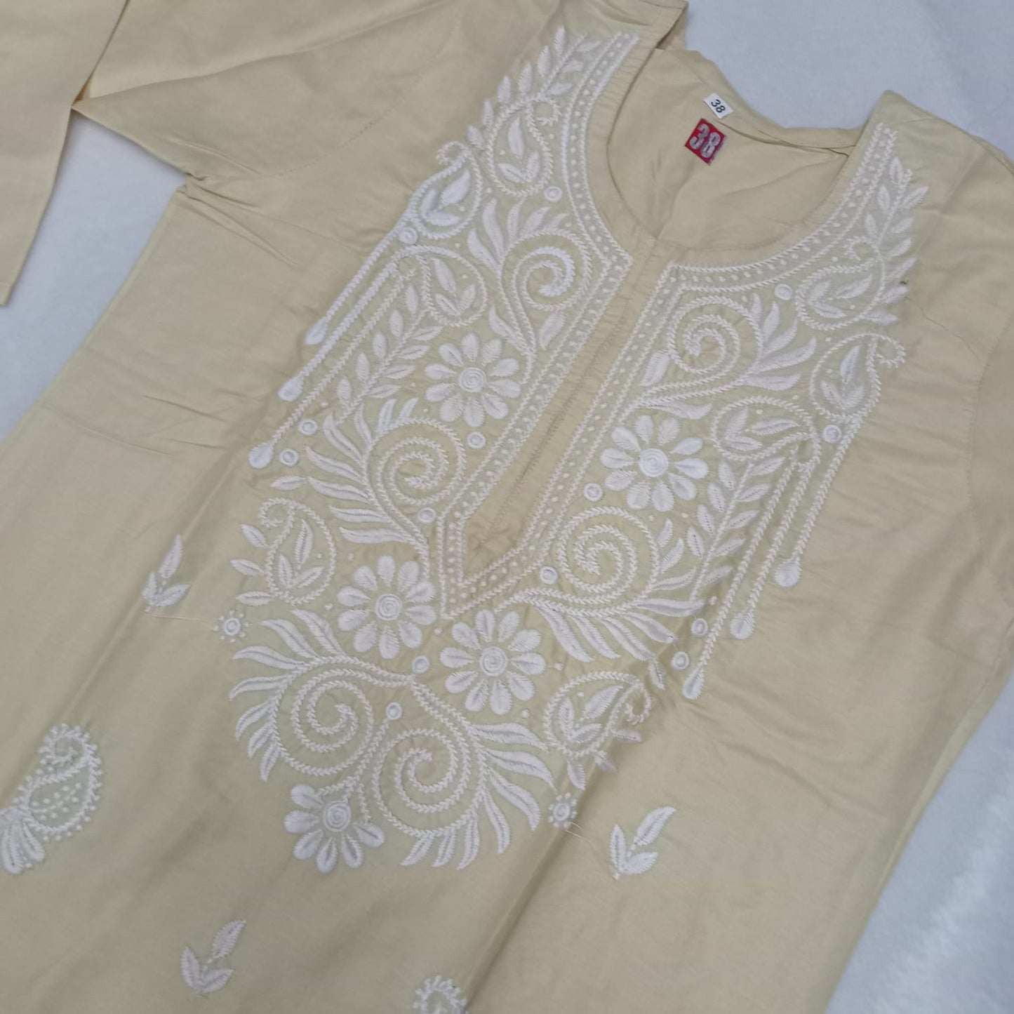 Rayon Chikankari Machine Work  Kurti Plazo Set- Skin Colour