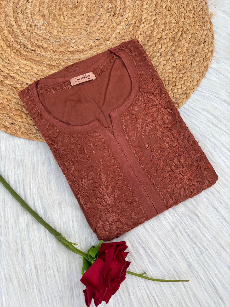 Rabab Dyeable Soft Rayon Handwork Chikankari Kurti - Brown Colour