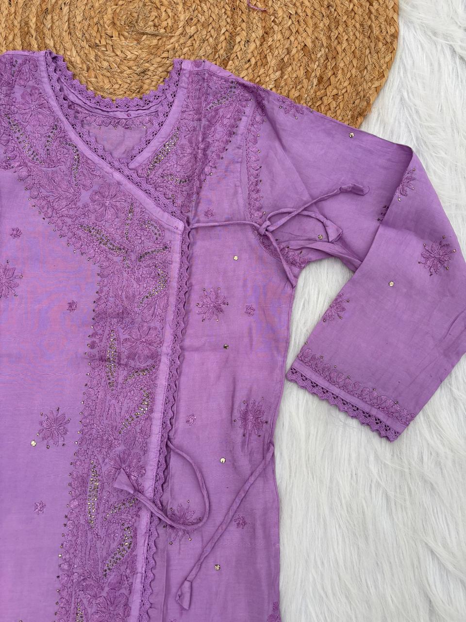 Naaz Chanderi Angrakha style Chikankari Kurti with Mukaish work - Purple Color