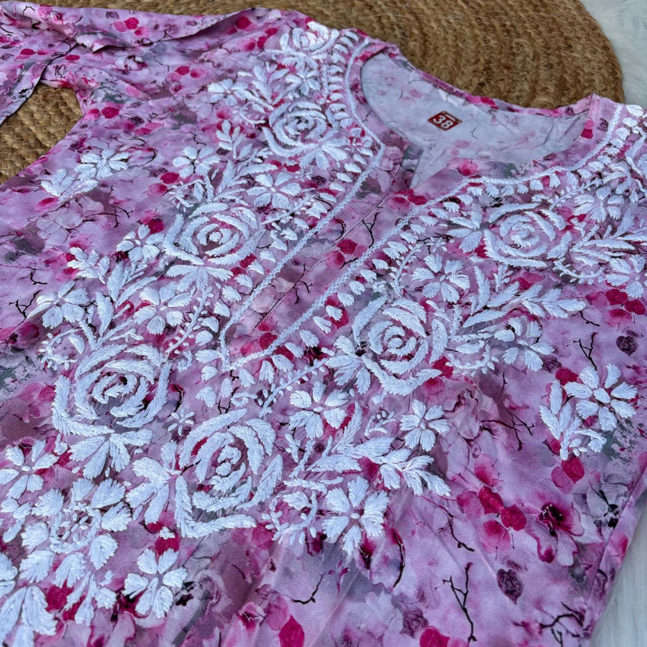 Hina Rayon Rose work Lucknowi Chikankari kurti -Pink Colour