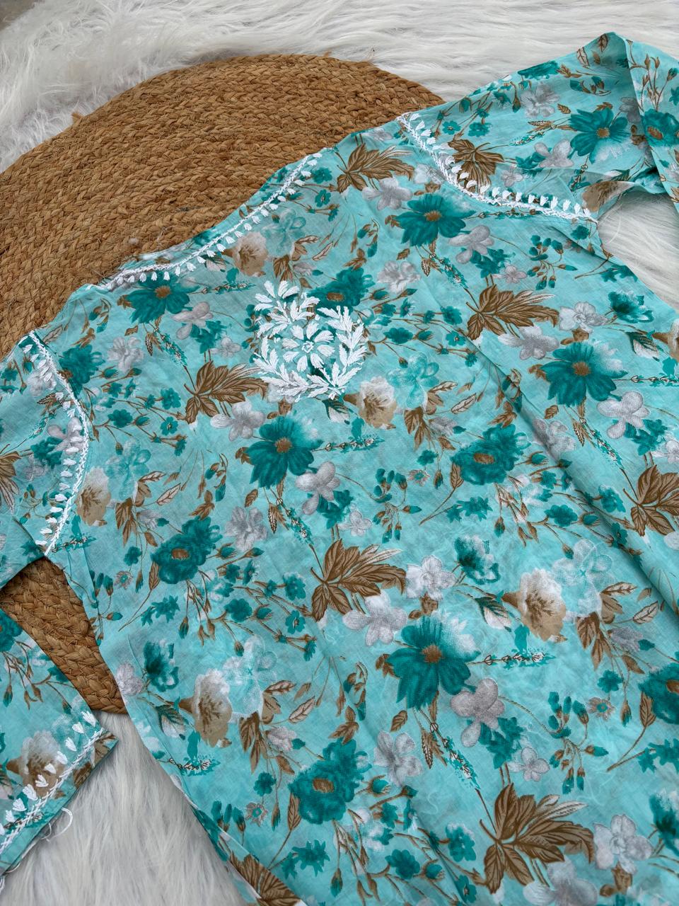 Alina Pure Mulmul Chikankari Handwork Kurti - Sea Green Colour