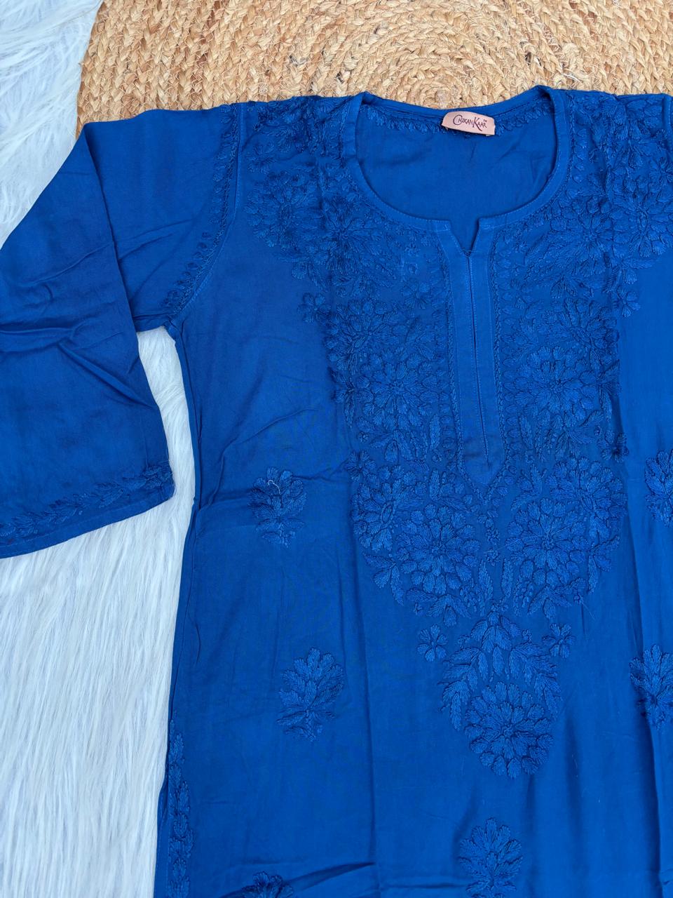 Rabab Dyeable Soft Rayon Handwork Chikankari Kurti - Blue Colour