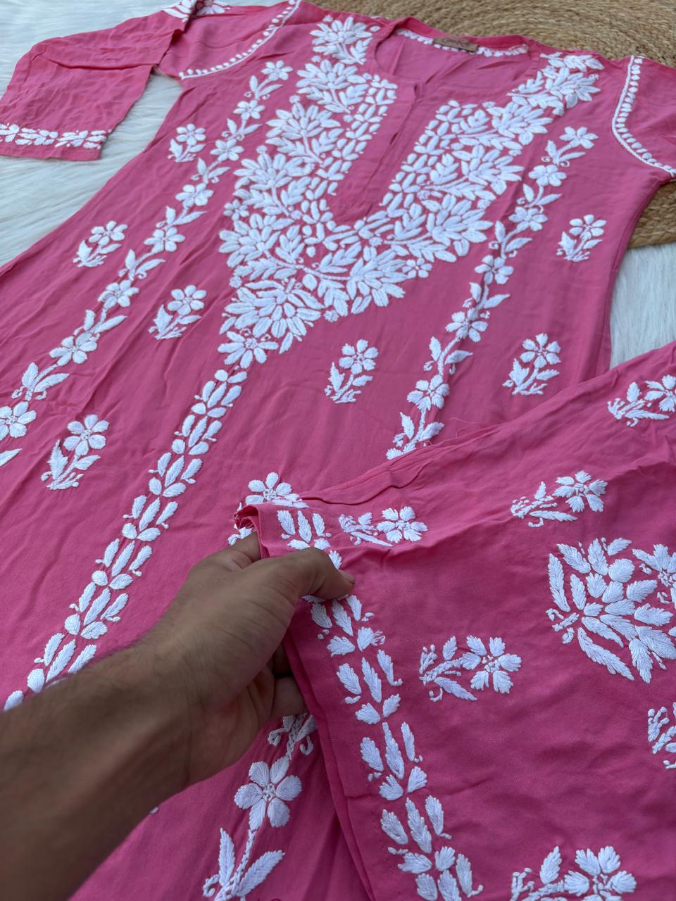Samara Rayon Handwork Chikankari Kurti Plazo Set - Dark Pink Colour
