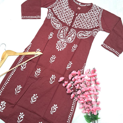 Adiva Pure Cotton Chikankari Handwork Kurti - Maroon Colour