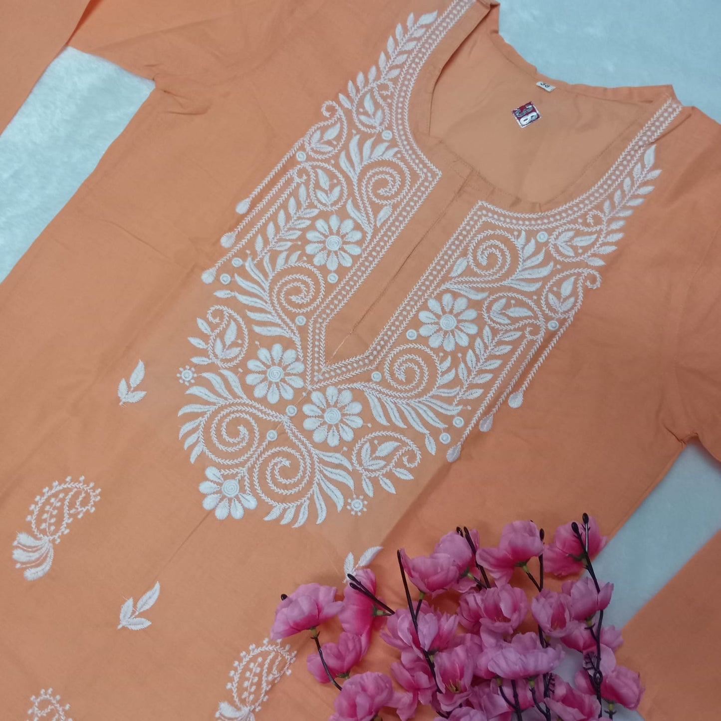 Cotton Machine Work Chikankari Kurti - Peach Colour