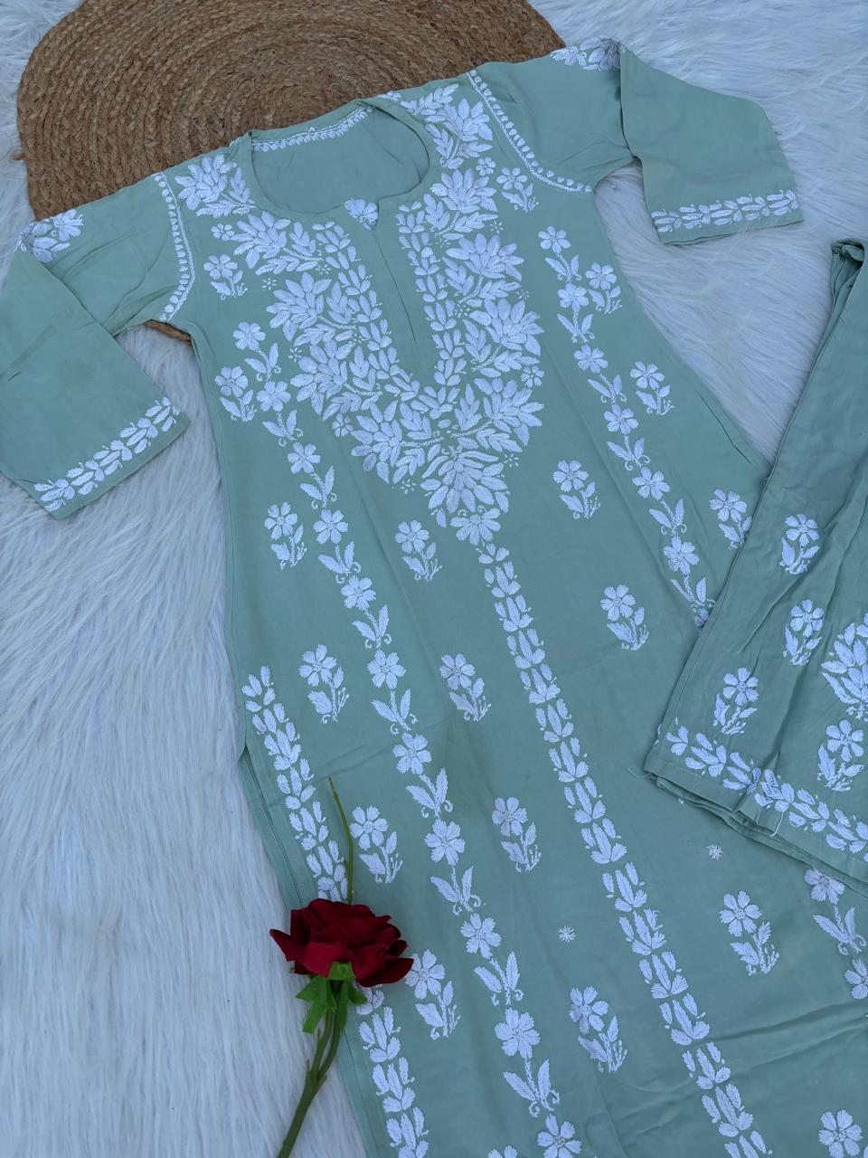 Samara Rayon Handwork Chikankari Kurti Plazo Set - Pista Green Colour
