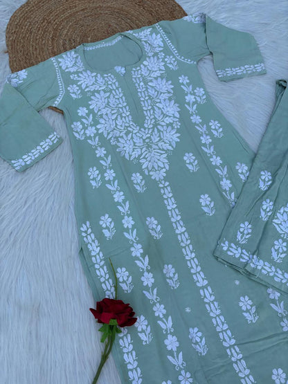 Samara Rayon Handwork Chikankari Kurti Plazo Set - Pista Green Colour