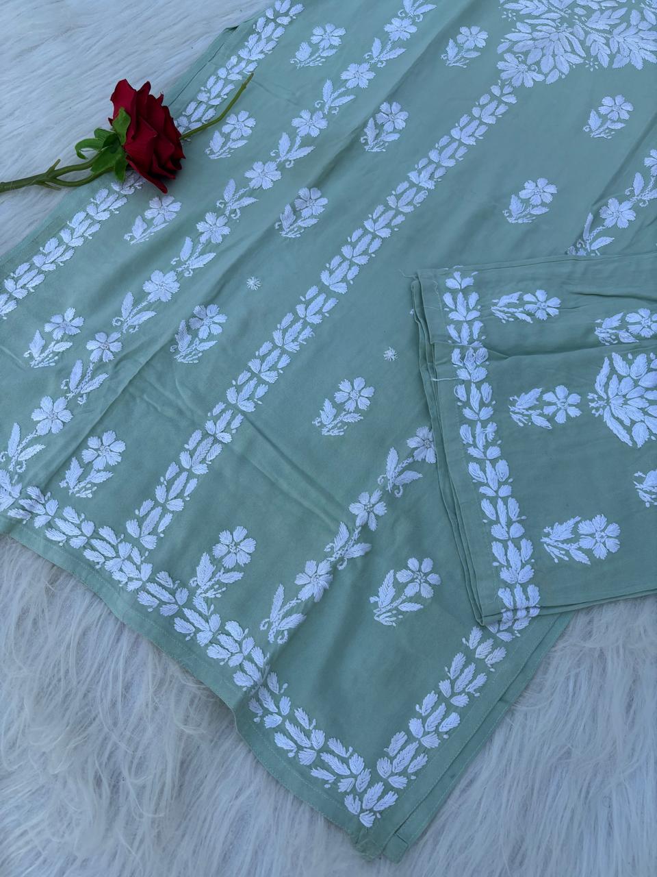 Samara Rayon Handwork Chikankari Kurti Plazo Set - Pista Green Colour