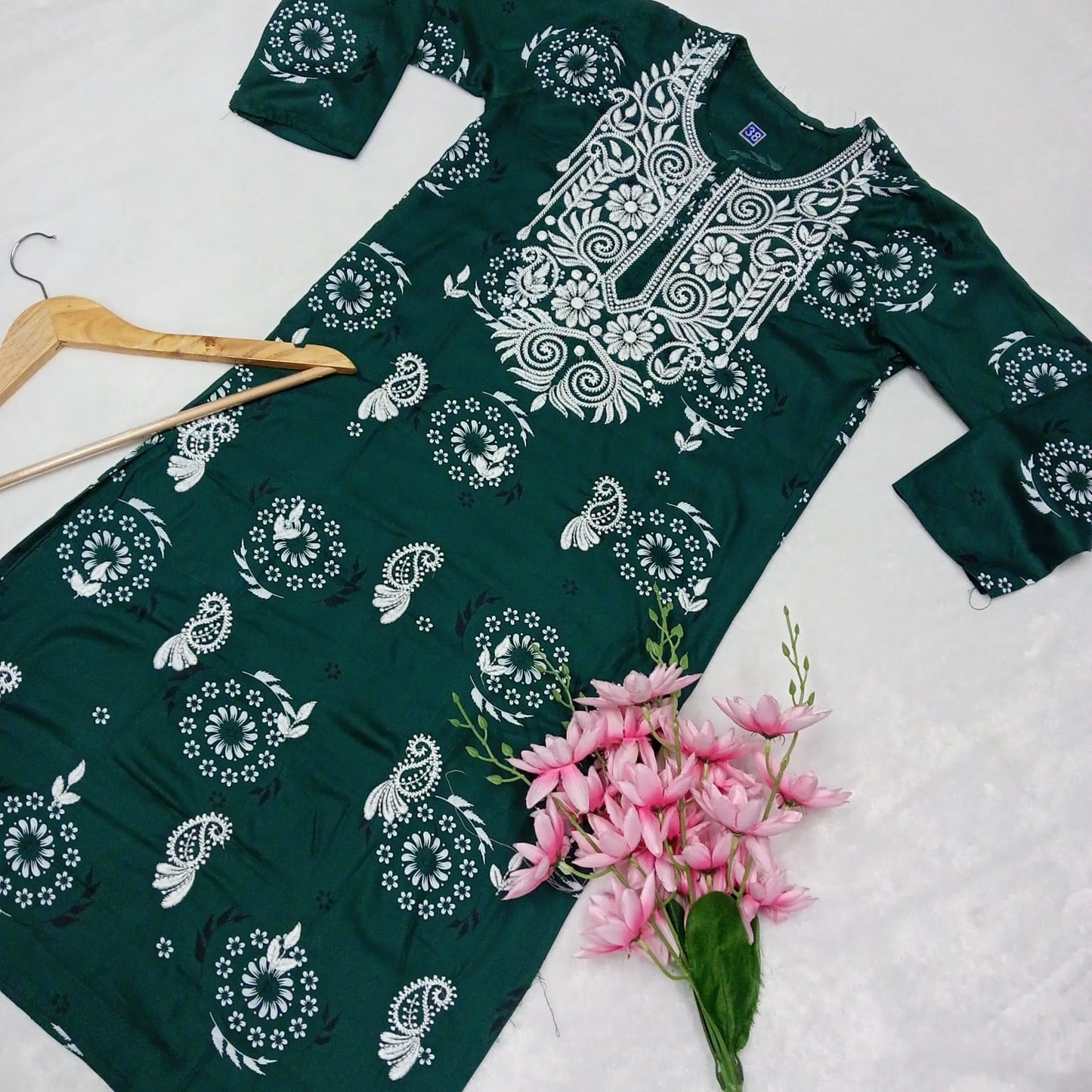 Rayon Chikankari Machine Work Kurti -Dark Green