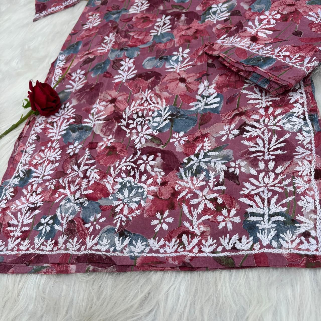Jameela Mulmul Cotton Chikankari Kurti Set - Mauve Colour