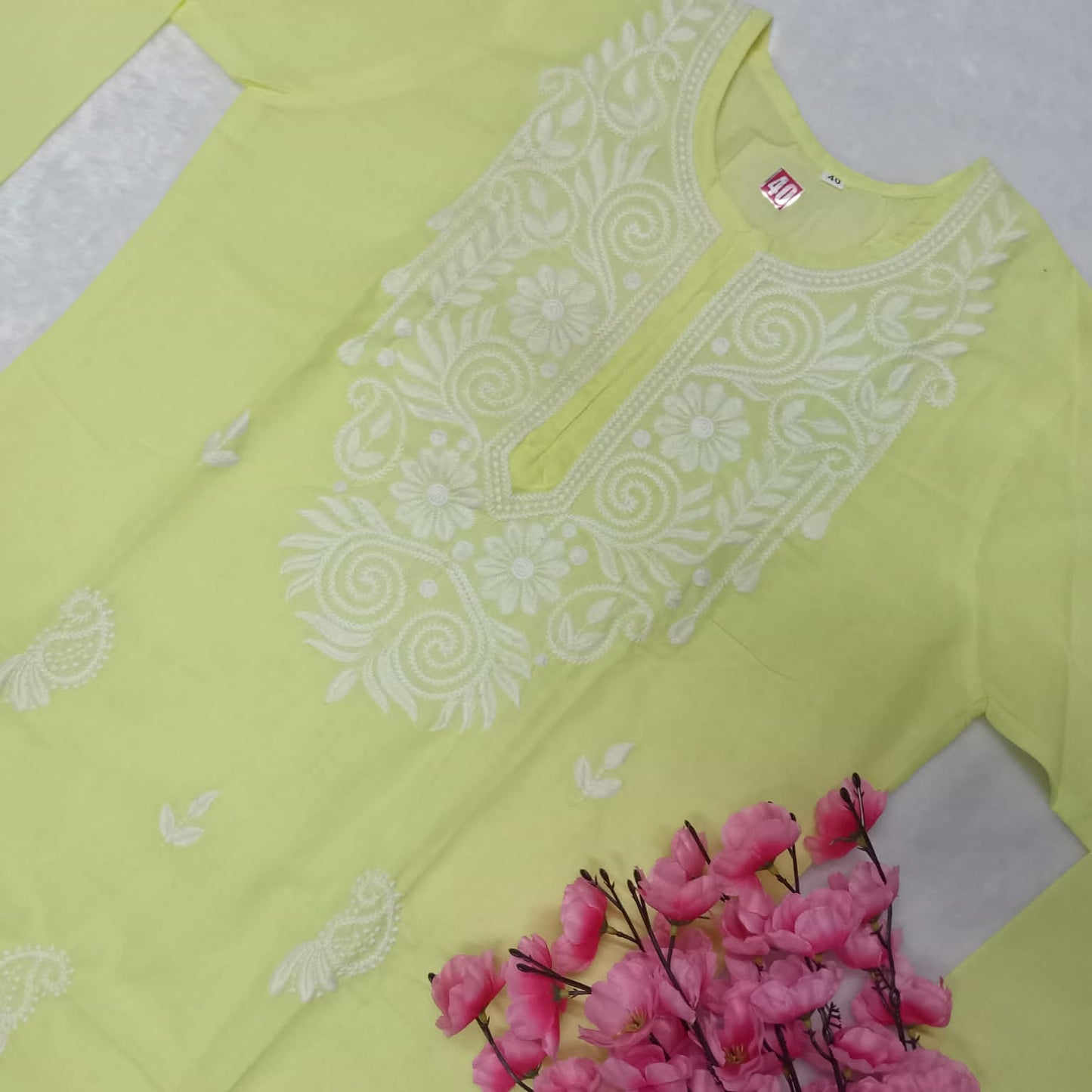 Cotton Machine Work Chikankari Kurti -Lemon Colour