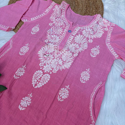 Isha Slub Cotton Chikankari Kurti - Peach color