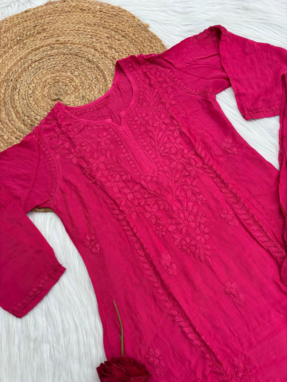 Nadia Muslin Lucknowi Chikankari Kurti Pant Set - Rani Color
