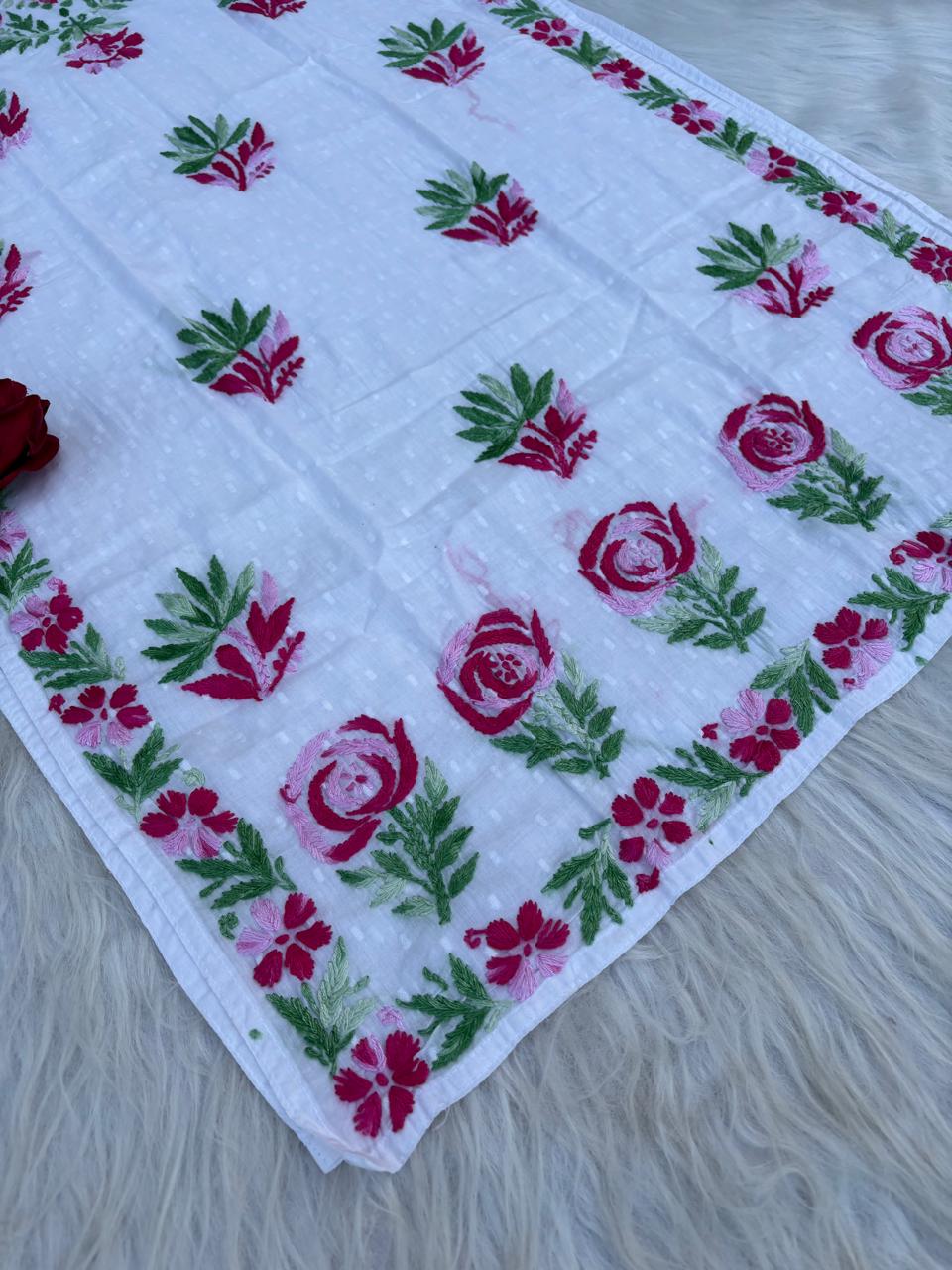 Seema Soft Dobby Cotton Lucknowi Chikankari Handwork Rose Work Kurti -Pink Colour