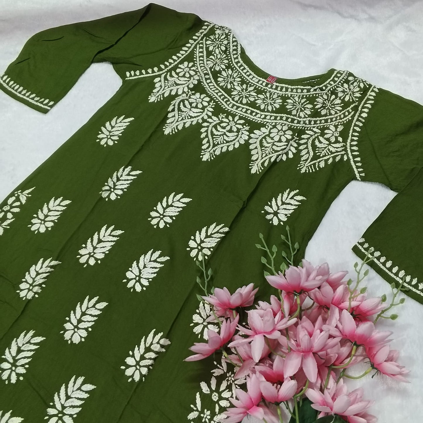 Boat Neck Rayon Chikankari Kurti -Dark Green Colour