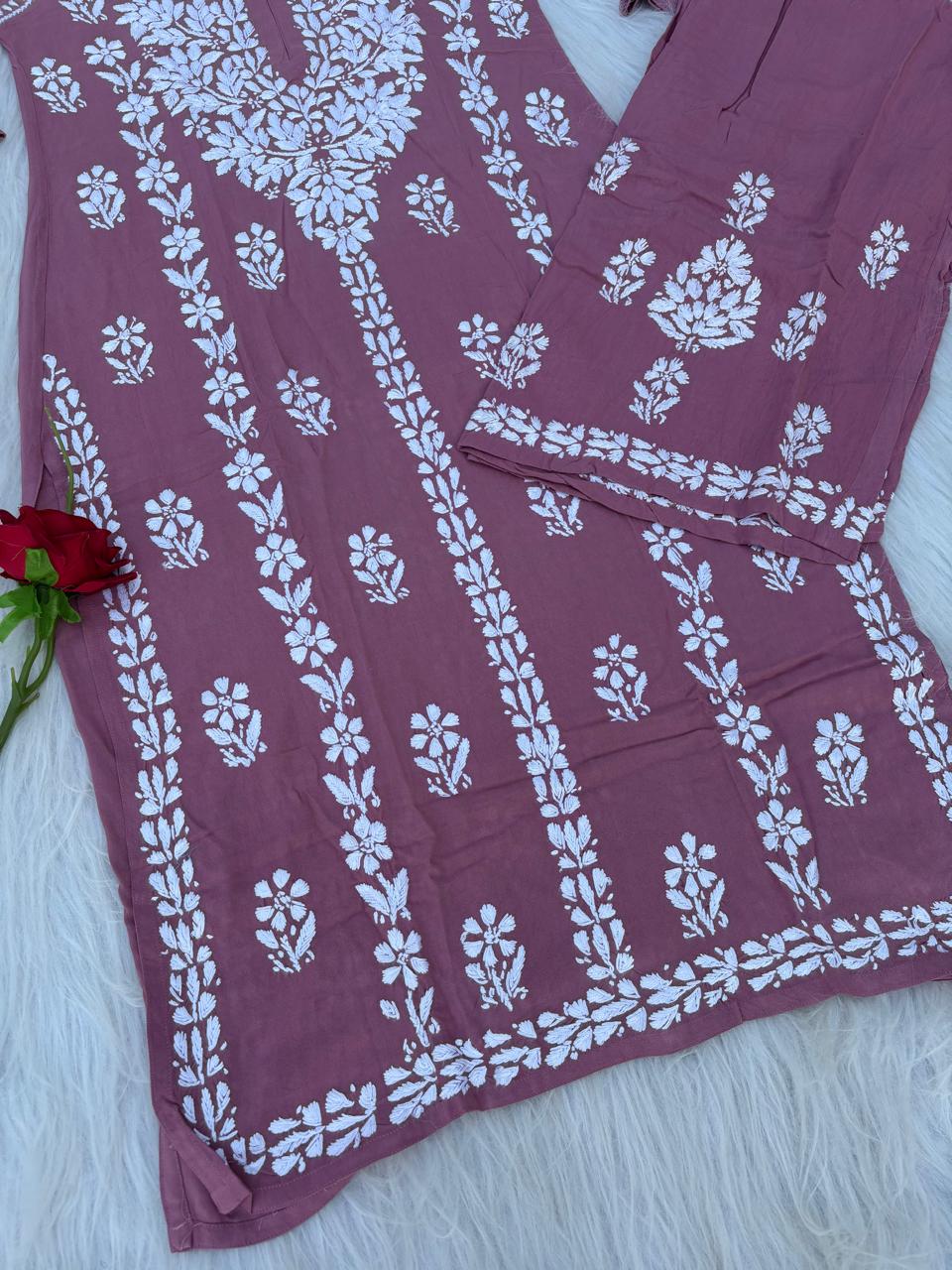 Samara Rayon Handwork Chikankari Kurti Plazo Set - Blush Colour