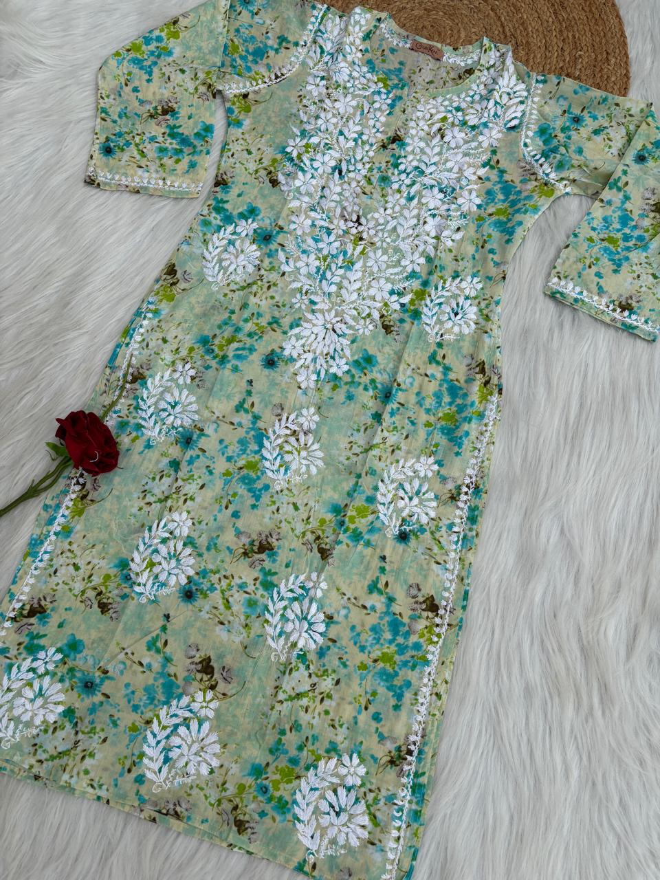 Fatima Pure Mulmul Chikankari  Handwork Kurti - Sea Green Colour
