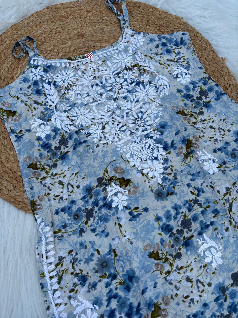 Hana Mulmul Chikankari Noodle Strap Short Kurti - Blue colour (Length - 38")