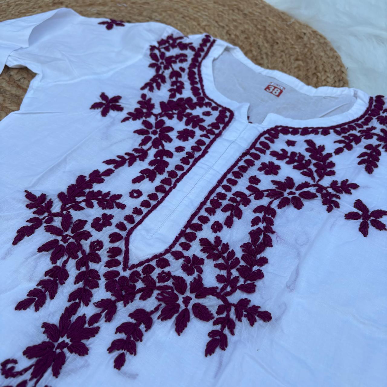 Shraddha Kapoor inspired Pure Cotton Chikankari Kurti - Wine Colour