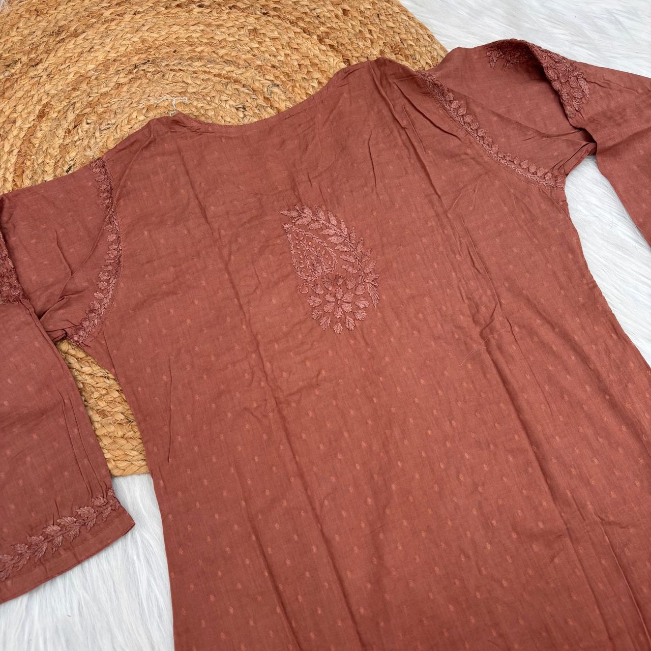 Nuha Dobby cotton Ombre shaded Lucknowi Chikankari Kurti Plazo Set - Brown Colour