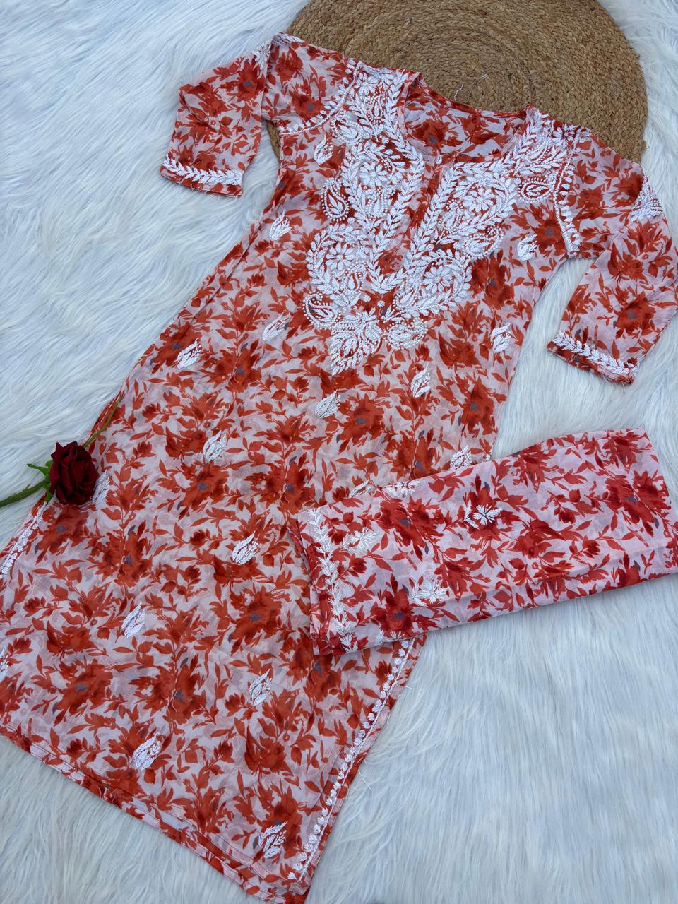 Hadaya Mulmul Cotton Chikankari Kurti Set - Orange Colour