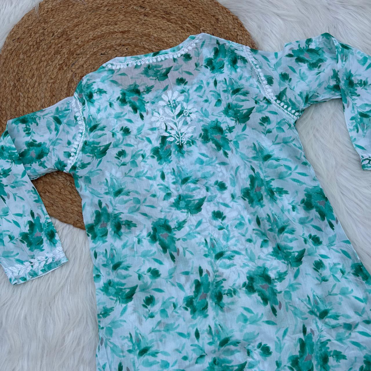 Aaliyah Mulmul Cotton Chikankari Kurti Set -Sea Green Colour