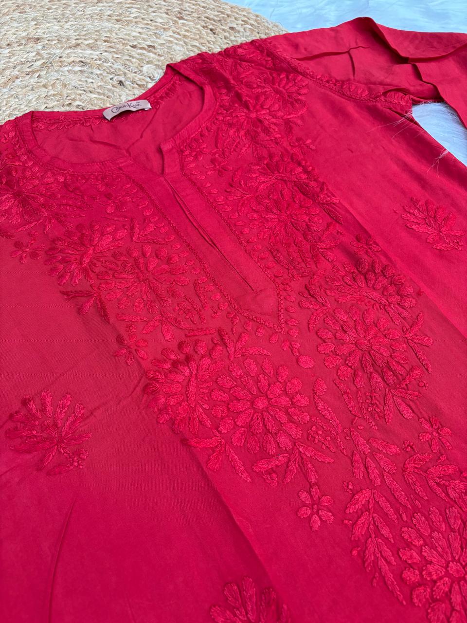 Rabab Dyeable Soft Rayon Handwork Chikankari Kurti -Red Colour
