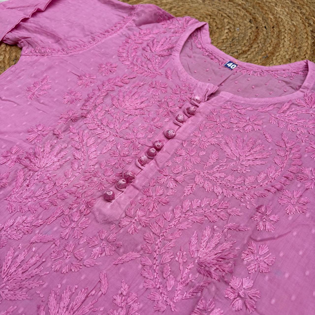 Farah Ombre Shaded Dobby Cotton Chikankari Kurti - Pink colour