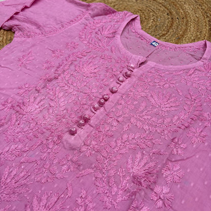Farah Ombre Shaded Dobby Cotton Chikankari Kurti - Pink colour