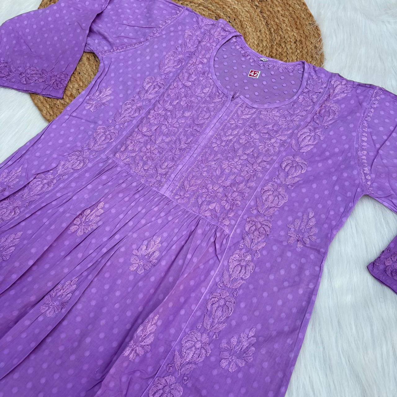 Aliya Dobby Cotton Nyra Cut Chikankari Aline Kurti - Purple Colour