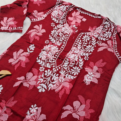 Suhana Khan Inspired Pure Mulmul Chikankari Kurti- Dark Red Colour