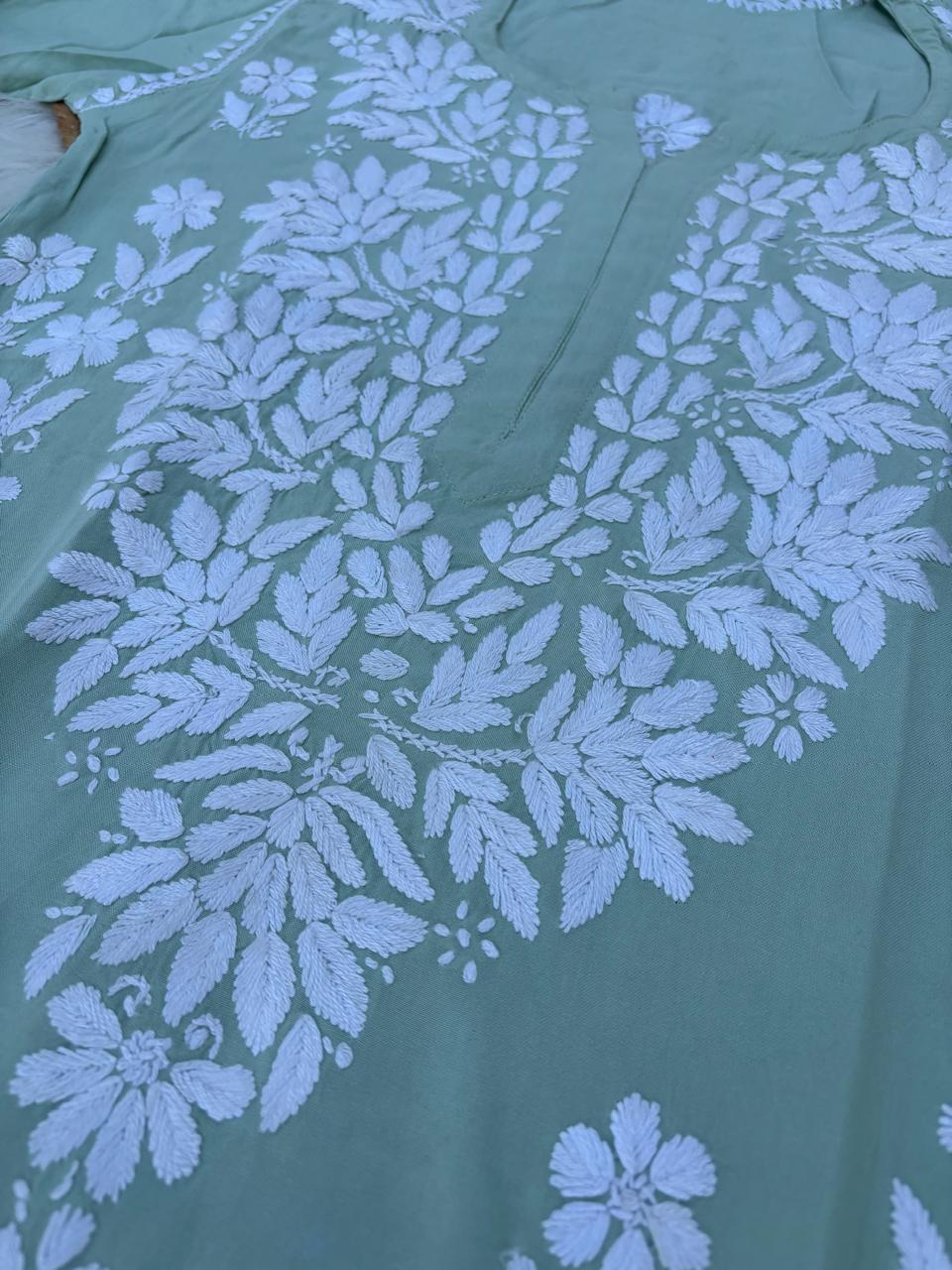 Samara Rayon Handwork Chikankari Kurti Plazo Set - Pista Green Colour