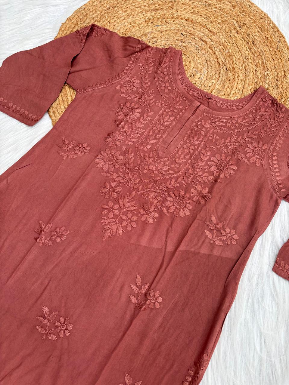 Kiara Dyeable Soft Rayon Handwork Chikankari Kurti - Brown Colour