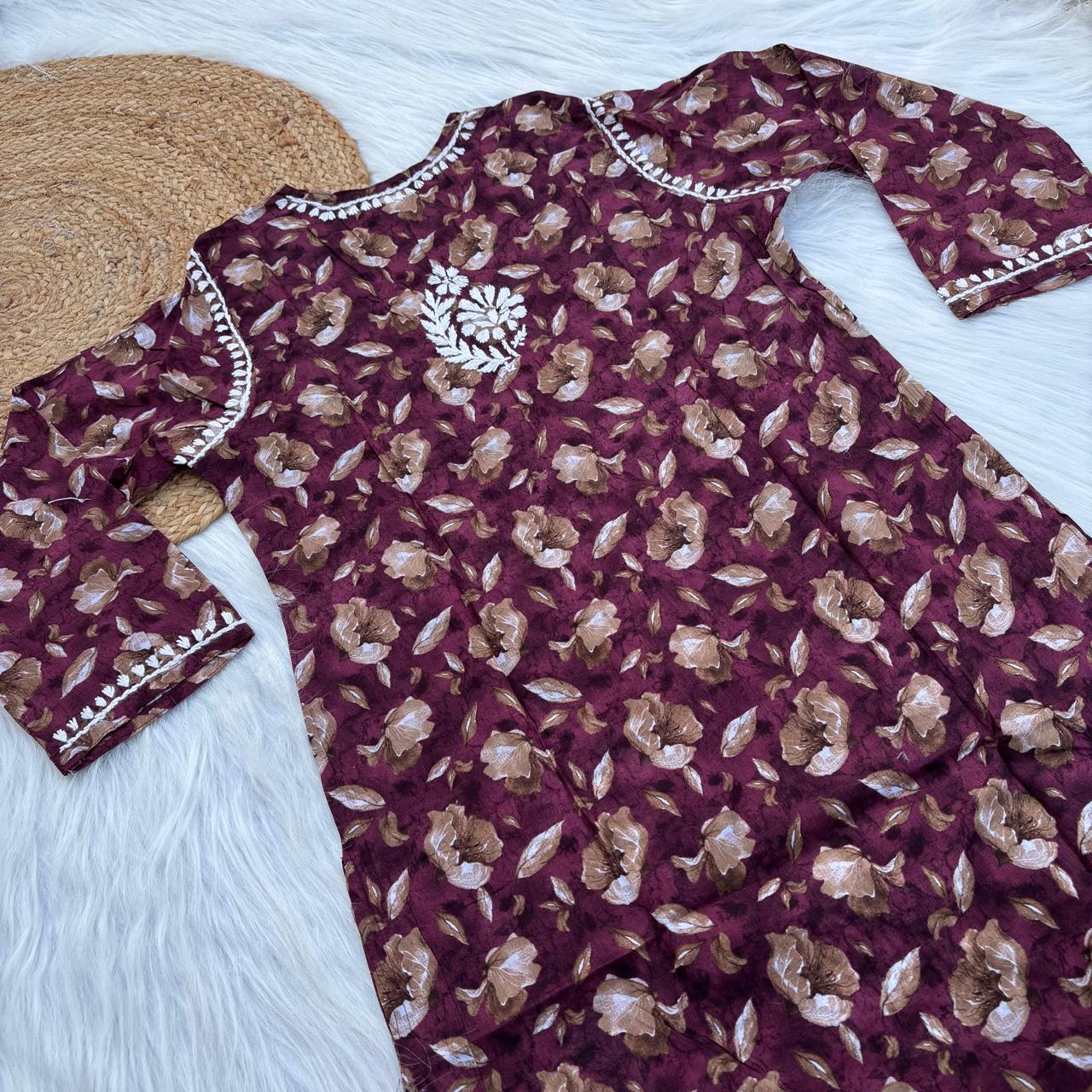 Sana Pure Mulmul Chikankari Handwork Kurti - Wine Colour