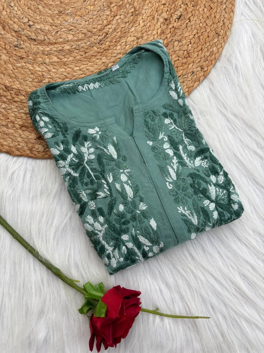 Roohi Rayon Tone To Tone Lucknowi Handwork Chikankari Kurti - Sea Green Color