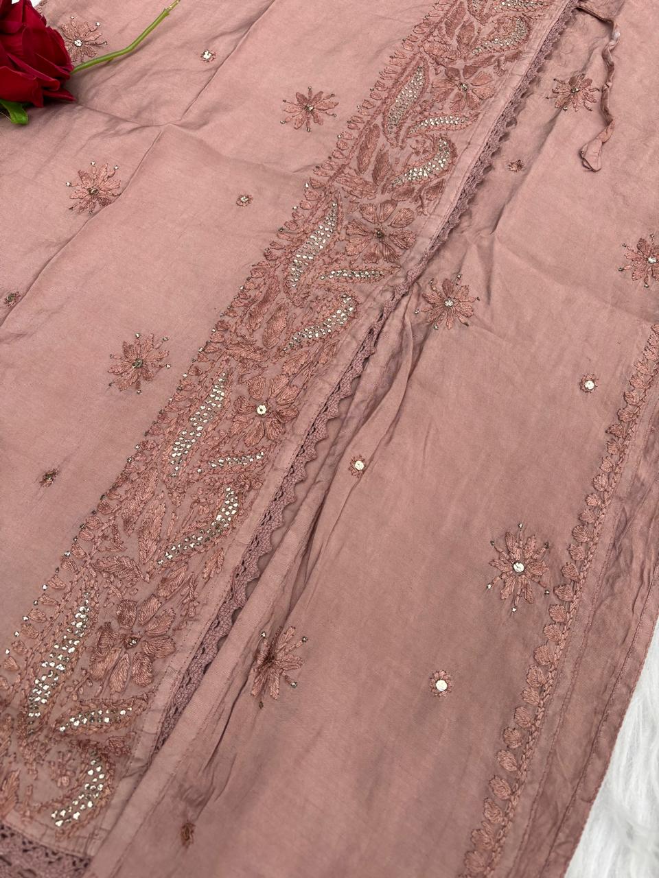 Naaz Chanderi Angrakha style Chikankari Kurti with Mukaish work - Brown Colour
