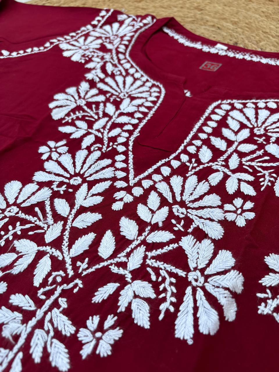 Ina Soft Rayon Handwork Chikankari Short Kurti - Maroon Colour