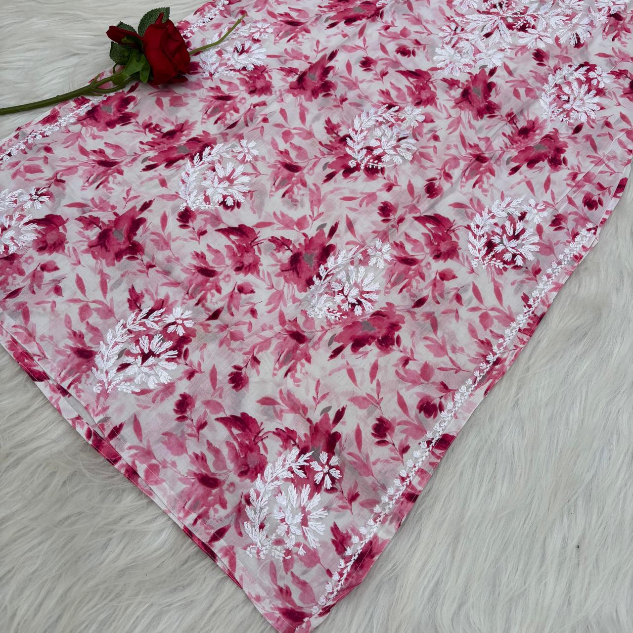 Amara Pure Mulmul Chikankari  Handwork Kurti -Pink Colour