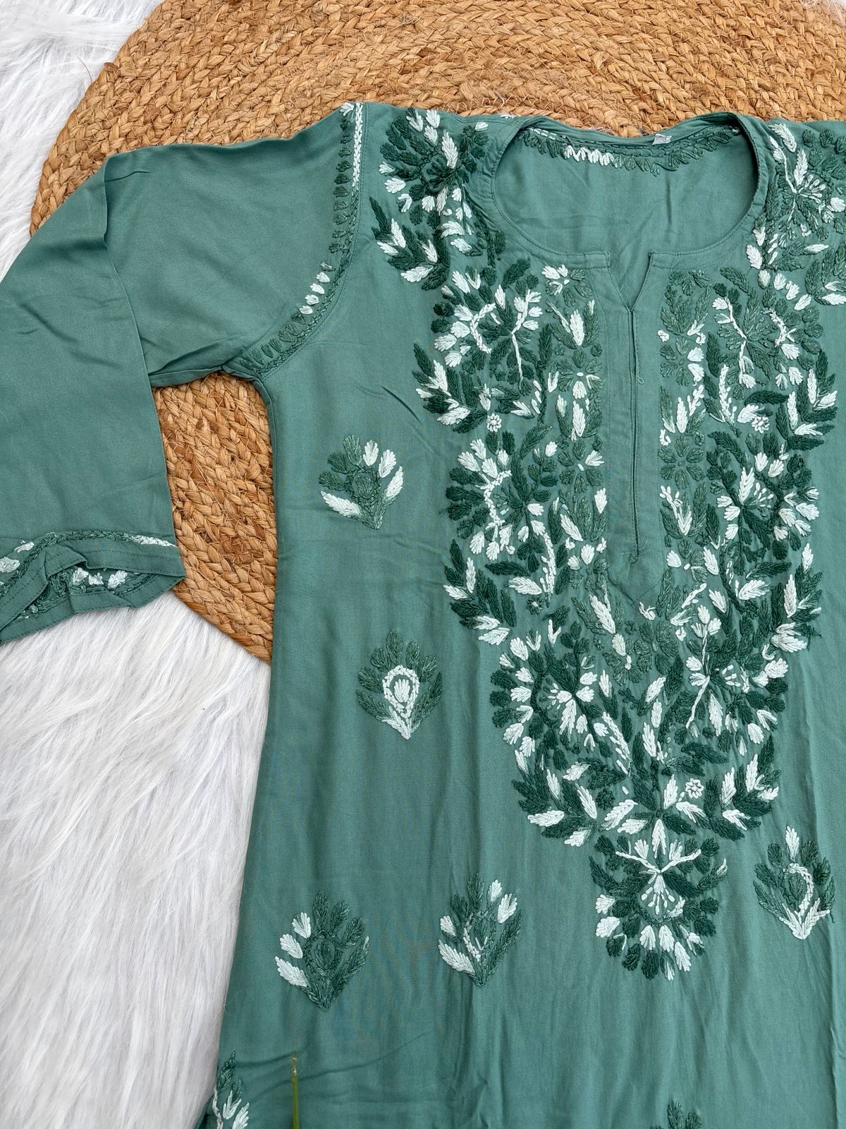 Roohi Rayon Tone To Tone Lucknowi Handwork Chikankari Kurti - Sea Green Color