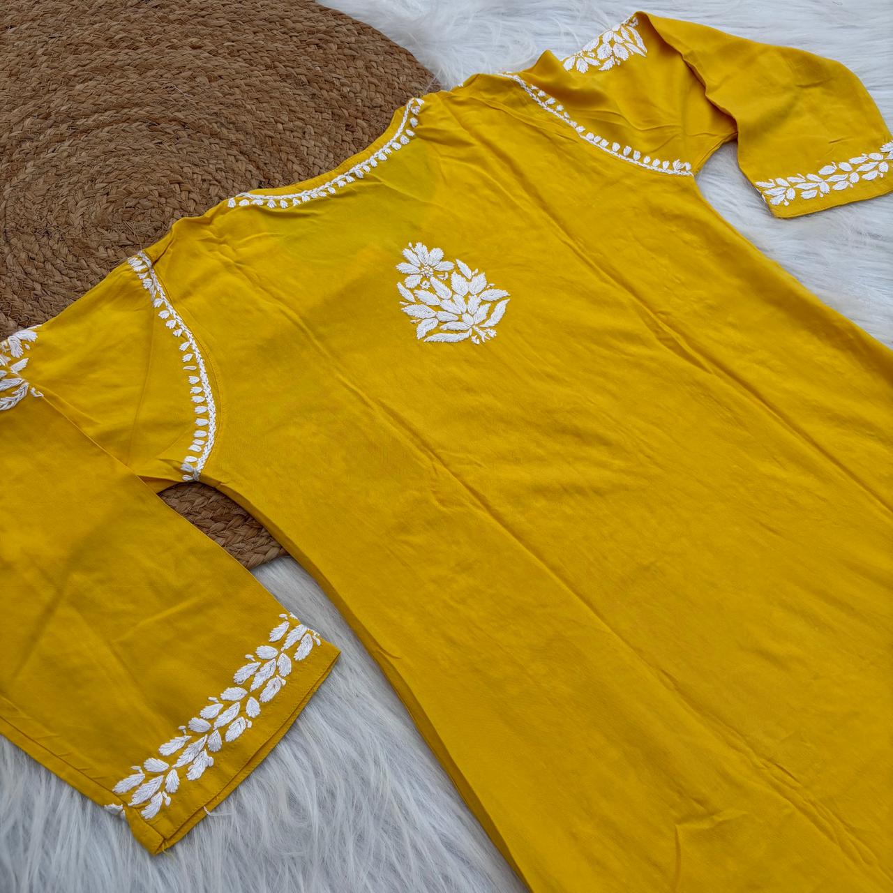 Samara Rayon Handwork Chikankari Kurti Plazo Set - Yellow Colour
