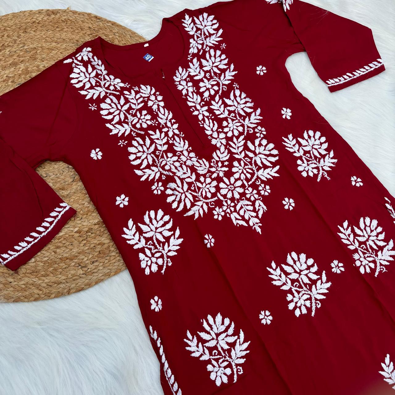 Jannat Soft Rayon Chikankari Kurti Plazo Set - Maroon colour