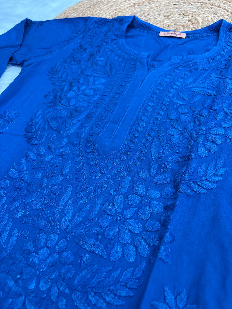 Azra Soft Rayon Dyeable Handwork Chikankari kurti Set - Blue Colour