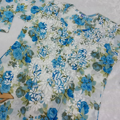 Aisha Mulmul Floral Printed Chikankari Handwork Kurti-  Blue  Colour